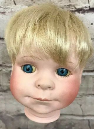 Vtg Child Boy Doll Head 4” Parts Porcelain Blue Eyes Blonde Hair