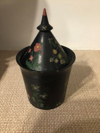 Vintage Old Wood Wooden Black Box Pot Hand Painted Flowers Dome Treen Ebony