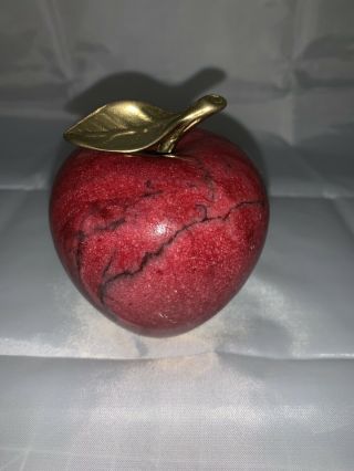 Vintage Red Marble Apple Brass Stem And Leaf Paperweight Decoration Teacher Gift