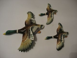 Mid Century Set Of 3 Vintage Mallard Ducks Wall Hangings Plaques Japan Ceramic
