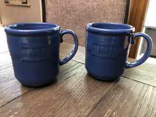 Two Longaberger Pottery Woven Tradition Cornflower Blue Coffee Tea Mugs Cups