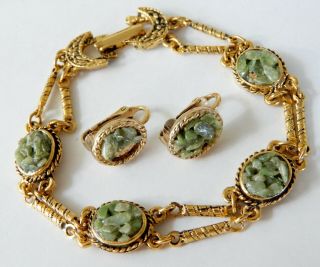 Vintage Goldette Antiqued Gold Plated Green Stone Bracelet & Clip On Earrings
