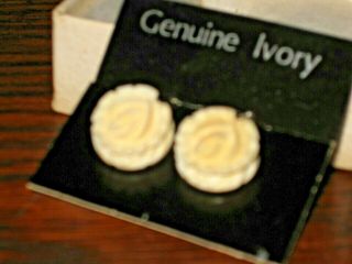 Antique Hand Carved Ivory Roses Flowers Clip On Earrings