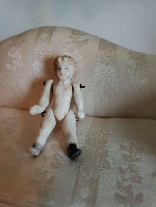 Miniature Artisan Antique German Molded Bisque Doll 1 3/4 Inch Jointed