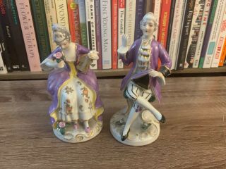 Vintage Ceramic Victorian Couple Figurines Purple Putfits 6 " Tall Each