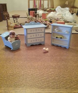 Dollhouse Miniature Hand Painted White & Blue Baby Dresser & Bookcase& Basketnet