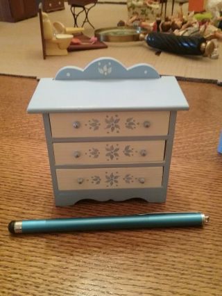 Dollhouse Miniature Hand Painted White & Blue Baby dresser & Bookcase& basketnet 3