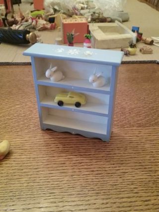 Dollhouse Miniature Hand Painted White & Blue Baby dresser & Bookcase& basketnet 5