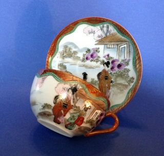 Nippon Eggshell Teacup And Saucer - Hand Painted Geisha And Purple Mums - Japan