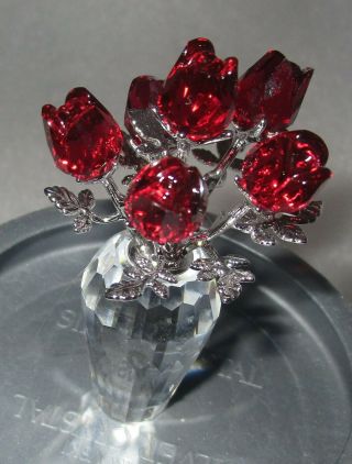 Swarovski Crystal 6 Red Roses In Vase W/ Silver Leaves Figurine W/ Box Mib