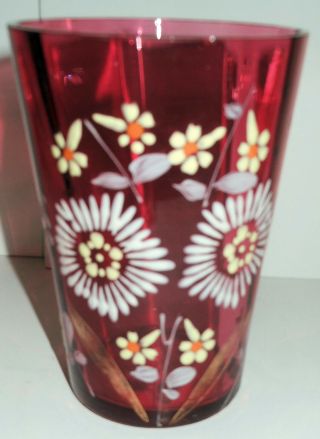 Antique Blown Ruby Glass Beaker Or Drinking Glass With Hand Painted Flowers