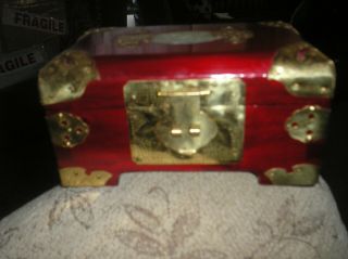 Vintage Antique - Hand Made Wooden Chinese Jewellery Box - Jade Inset & Brass