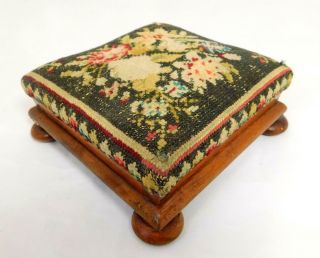 Antique Floral Woolwork Tapestry Large Square Pincushion On Oak Stand 1900s