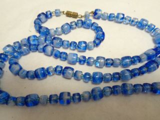 Antique 30 Inch Long Cobalt Blue Murano Glass Beaded Necklace Barrel Clasp