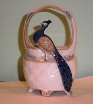 Vintage Ceramic 3d Blue Peacock Bird On White Basket Planter Unusual And Rare