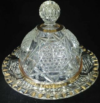 Vintage Gilded Crystal Round Domed Covered Compote Butter Dish