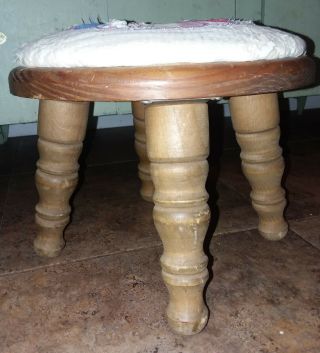 Vintage wood Foot Stool rest with padded shabby quilt top tattered treasure 3
