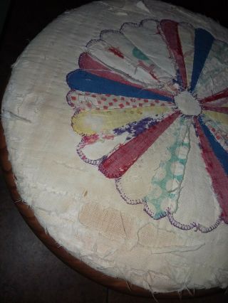 Vintage wood Foot Stool rest with padded shabby quilt top tattered treasure 4