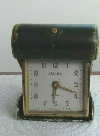 Looping Swiss 7 Jewel Lever 8 Day Anti Magnetic Alarm Travel Desk Clock Vintage
