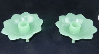 Vtg Fenton Jadite/jadeite Green Footed Lotus Flower Candle Holders - Set Of 2 S23