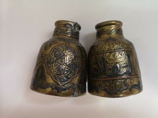 Fine Antique Islamic Cairoware Damascus Mamluk Ottoman Silver Inlaid Brass Vases