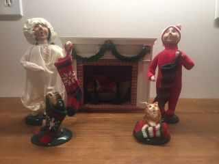 Byers Choice Children Hanging Stockings Plus Cat And Dog And Mantle