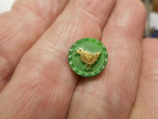 Green Glass W/ Gold Bird Goofy Childrens Vintage Button 7/16 " Rs