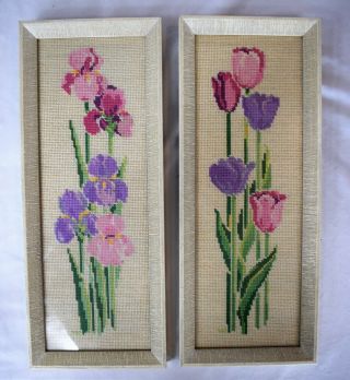 Set Of 2 Framed Vintage Hand Stitched Needlepoint Floral Tapestry Tulip / Iris