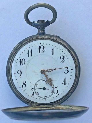 12s Antique 1888 German 800 Silver pocket watch w.  porcelain dial & fancy hands 2
