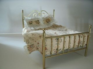 Vintage Brass Dollhouse Bed With Mattress,  Comforter And Pillow Miniature House
