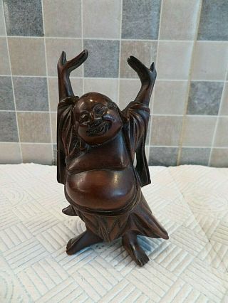 Antique Chinese Hand Carved Figure Of A Happy Buddha - Incised Signature On Base