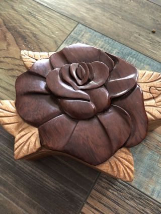 Hand Carved Wooden Puzzle Box - Wood Art - Flower Rose Trinket