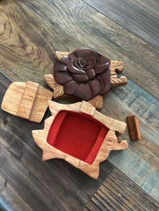 Hand Carved Wooden Puzzle Box - Wood Art - Flower Rose Trinket 2