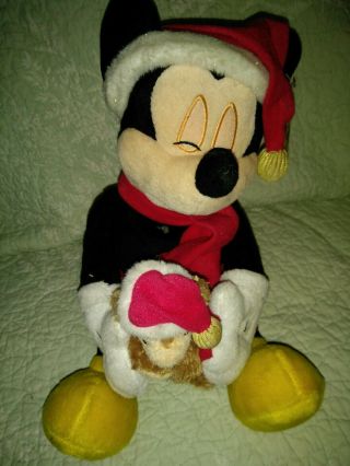 Disney Parks Singing 12 " Santa Mickey Mouse Holding Small Duffy Bear Plush.