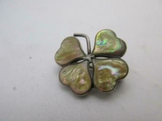 Sterling Silver Mother O Pearl Shamrock 4 Leaf Lucky Clover Brooch Antique K277
