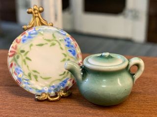 Artisan Miniature Dollhouse Vintage Porcelain Teapot Painted Gilt Plate 