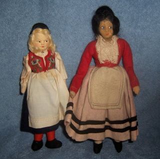 2 Antique Vintage Cloth Dolls 7.  5 " & 8 " Doll House Dollhouse Size Italy Made ?