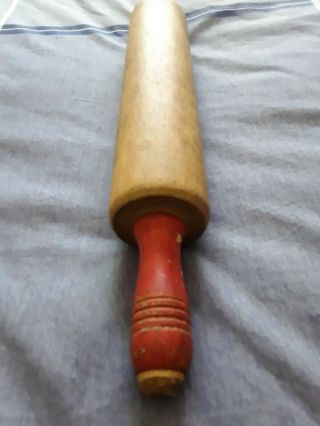 Vintage Antique 1950 ' s USA Wood 17” ROLLING PIN Kitchen Country Red handles 2