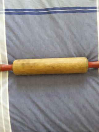 Vintage Antique 1950 ' s USA Wood 17” ROLLING PIN Kitchen Country Red handles 3