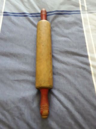 Vintage Antique 1950 ' s USA Wood 17” ROLLING PIN Kitchen Country Red handles 5