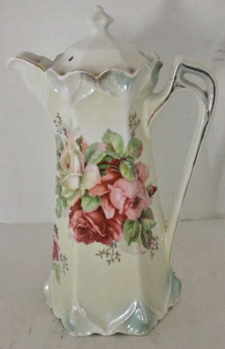 Antique Chocolate Pot - Hand Painted Red/pink Roses - Germany
