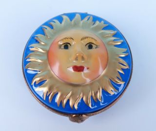 Sun Face Figural French Limoges Porcelain Trinket Box Hand Painted Romance Blue