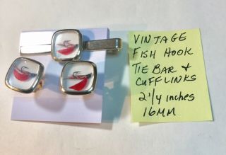 Vintage Fish Hook Tie Bar And Cuff Links 2 1/4 Inches 16mm