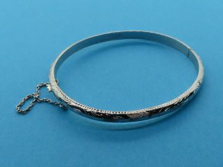 Vintage Sterling Silver Antique Etched Bangle Bracelet W/ Safety Chain