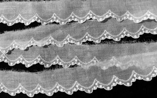 48 " X 1 1/2  Antique Vintage Delicate White Cotton Organdy Lace Trim Scalloped