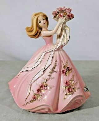 Lc Josef Originals 7 " Ceramic Porcelain Maiden Figurine W Bouquet In Pink Dress