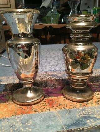 2 Antique Mercury Glass Vases With Paint Decoration
