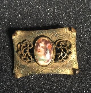 Antique Victorian Hand Painted Porcelain Portrait Young Girl Pin Brooch