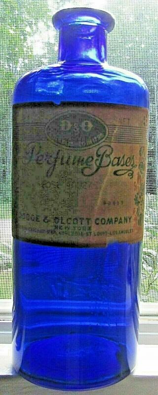 Antique Cobalt Bottle Rose Perfume Bases Apothecary Dodge Olcott W/ Label 7 - 7/8 "