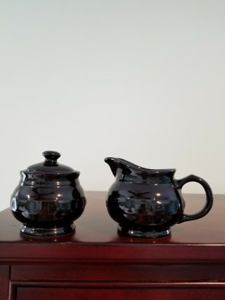 Longaberger Woven Traditions Ebony Black Sugar Bowl With Lid And Creamer Set